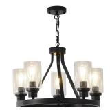 Sivilynus Farmhouse Chandelier Lighting Round 5 Lights Black with Glass Shade Ceiling Hanging Vintage Rustic Light Fixture for Dining Room Living Room Foyer Porch Kitchen Island - Retail: $160 Sivilynus Farmhouse Chandelier Lighting Round 5 Lights Black with Glass Shade Ceiling Hanging Vintage Rustic Light Fixture for Dining Room Living Room Foyer Porch Kitchen Island - Retail: $160