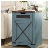 FiveWillowise Farmhouse End Table with Charging Station, 26.4\" Tall Rustic Nightstand with Drawer and X Barn Door, Country Bedside Sofa Side Table for Living Room, Blue - Retail: $80 FiveWillowise Farmhouse End Table with Charging Station, 26.4\" Tall Rustic Nightstand with Drawer and X Barn Door, Country Bedside Sofa Side Table for Living Room, Blue - Retail: $80