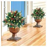 $60 Glintoper Lit Artificial Urn Filler, Xmas Trees w/ 60 LEDs, 2 Pack
