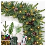 9Ft x 12In Prelit Pine Garland w/ Timer & 50 Lights