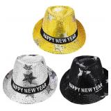 3 Pack New Year Fedora Hats Sequin Gold Black Silver