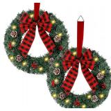 Zcaukya Xmas Wreaths, 14in, Buffalo Bow, 8 Modes Lights, Timer