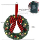Zcaukya Xmas Wreaths, 14in, Buffalo Bow, 8 Modes Lights, Timer
