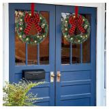 Zcaukya Xmas Wreaths, 14in, Buffalo Bow, 8 Modes Lights, Timer