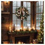 $60 Pre Lit 24in Gold Christmas Wreath w/ Lights & Bow for Door