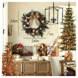 $60 Pre Lit 24in Gold Christmas Wreath w/ Lights & Bow for Door