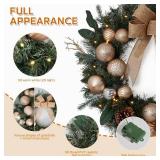 $60 Pre Lit 24in Gold Christmas Wreath w/ Lights & Bow for Door