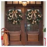 $60 Pre Lit 24in Gold Christmas Wreath w/ Lights & Bow for Door