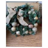 $60 Pre Lit 24in Gold Christmas Wreath w/ Lights & Bow for Door