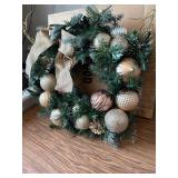 $60 Pre Lit 24in Gold Christmas Wreath w/ Lights & Bow for Door