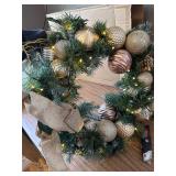 $60 Pre Lit 24in Gold Christmas Wreath w/ Lights & Bow for Door