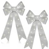 2 Pcs Christmas LED Wreath Bow Large 24 x 12 Inch Xmas Silver