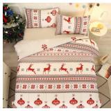 Suncloris Red Grey Christmas Reindeer Duvet Cover Set Elk Snowflake