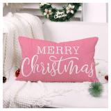 Pink Christmas Lumbar Pillow Cover 12x20 Inches for Xmas Decor