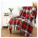 LALIFIT Plaid Throw Blanket with Fringes Green Red 50" x 60"