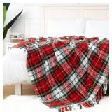 LALIFIT Plaid Throw Blanket with Fringes Green Red 50" x 60"