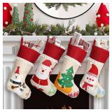 18" Set of 4 Christmas Stockings, Santa Snowman Gnome Pattern.
