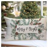Merry & Bright Xmas Pillow Cover 12x20 inch - Mistletoe Pine Berry