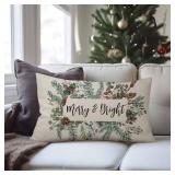 Merry & Bright Xmas Pillow Cover 12x20 inch - Mistletoe Pine Berry