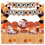 Gatherfun Basketball Party Supplies Paper Plates Napkins Cups Knives Forks Spoons with Balloons and Banner for Kids and Adult Birthday Party March Madness Party Decorations, Serve 25