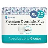 Because Premium Overnight Plus Incontinence Underwear - White, XL, 20 Ct