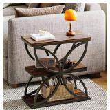 Side Table, Narrow End Table with 3-Tier Storage, Industrial Wooden Nightstand with Unique Butterfly Metal Frame for Bedroom, Living Room, Rustic Brown