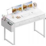 Lufeiya Small White Computer Desk with Fabric Drawers for Home Office Bedroom, 40 Inch Vanity Desk with Drawer Storage and Side Pouch, Study Writing Table, White