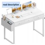 Lufeiya Small White Computer Desk with Fabric Drawers for Home Office Bedroom, 40 Inch Vanity Desk with Drawer Storage and Side Pouch, Study Writing Table, White