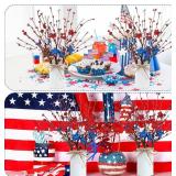4 Sets Labor Day Centerpieces for Tables Red White and Blue American Patriotic Flowers Decorations Include 11.81 Inch Artificial Berry Stem Stars Picks and Vase for Home Office