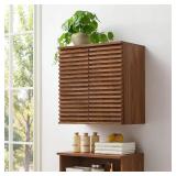 Retails for $182! Modway Render Wall Mounted Bathroom Cabinet in Walnut - 23.5 Inch Compact Wall Storage with Slatted Doors and Adjustable Shelves for Bathroom or Laundry Room