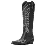 Cowboy Boots for Women - Knee High Pointed Toe Chunky Heel Pull On Zipper Western Cowgirl Boots, Retro Country Vintage Fashion Tall Boots (6.5)