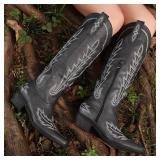Cowboy Boots for Women - Knee High Pointed Toe Chunky Heel Pull On Zipper Western Cowgirl Boots, Retro Country Vintage Fashion Tall Boots (6.5)