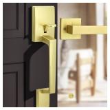 Gold Front Door Handle Set with Passage Lever, Deadbolt Not Included, Exterior Lower Half Grip Trim, Works with Single Cylinder or Smart Deadbolts, Satin Brass