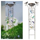 SUNNYPARK Bird Bath with Trellis Outdoor, Antique Garden Iron Plant Trellis with Decorative Dragonfly Detachable Bird Bath Bowl Metal Potted Plant Support for Climbing Flowers