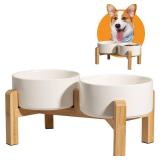 Elevated Ceramic Dog Bowl Set - Raised Dog Bowls with Non-Slip Bamboo Stand - Dog Food and Water Bowl Set - Double Dog Feeding Bowls - Suitable for Small and Medium Dogs - 28.74 OZ - 3.6 CUPS - 850 ML
