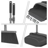 kelamayi Broom and Dustpan Set for Home, Office, Indoor&Outdoor Sweeping, Stand Up Broom and Dustpan (Black&Gray)