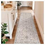 2x10 Washable Kitchen Runner Rug Boho Vintage Non-Slip Carpet Runner for Hallway, Entryway, Bedroom & Bathroom Soft Low-Pile Thin Area Rug with Rubber Backing (Beige,2x10)