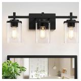 3-Lights Bathroom Vanity Light Fixtures, Modern Black Vanity Lights Over Mirror with Clear Glass Shade for Bathroom, Wall Mounted Lamp for Bedroom Hallway Living Room