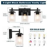 3-Lights Bathroom Vanity Light Fixtures, Modern Black Vanity Lights Over Mirror with Clear Glass Shade for Bathroom, Wall Mounted Lamp for Bedroom Hallway Living Room