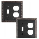 2-Pack Combo Toggle/Duplex Light Switch Cover Plate, Aged Bronze Metal Wall Outlet Cover Plate, Decorative Classic Beaded Wall Socket Receptacle Cover for Electrical Outlets, Light Switch