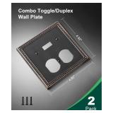 2-Pack Combo Toggle/Duplex Light Switch Cover Plate, Aged Bronze Metal Wall Outlet Cover Plate, Decorative Classic Beaded Wall Socket Receptacle Cover for Electrical Outlets, Light Switch