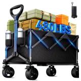 Collapsible Wagon Cart with Universal Wheels, 480LBS Wagons Carts Heavy Duty Collapsible Wagon with Cup Holders, Utility Beach Carts for Camping, Garden, Shopping, Fishing, Sports