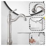 GGStudy 360 Swivel Single Handle One Hole Bathroom Vessel Sink Faucet Matching Pop Up Drain Without Overflow Brushed Nickel