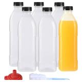 6 Pack 32 oz PP Heat-Resistant Plastic Juice Bottles With Caps-Plastic Smoothie Bottles-Reusable Bulk Beverage Containers with Lids For Juicing, Milk(Dishwasher Safe)