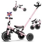 Ridego 5 in 1 Tricycle for Toddlers 3-5 Years Old,Foldable Toddler Bike with Push Handle and Cup Holder, Ideal Balance Bike and Birthday Gifts for 2 3 4 5 Year Old Boys Girls,Pink