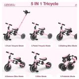 Ridego 5 in 1 Tricycle for Toddlers 3-5 Years Old,Foldable Toddler Bike with Push Handle and Cup Holder, Ideal Balance Bike and Birthday Gifts for 2 3 4 5 Year Old Boys Girls,Pink
