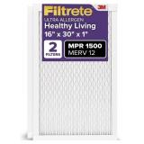 Filtrete 16x30x1 AC Furnace Air Filter, MERV 12, MPR 1500, CERTIFIED asthma & allergy friendly, 3 Month Pleated 1-Inch Electrostatic Air Cleaning Filter, 2-Pack (Actual Size 15.81x29.81x0.78 in)