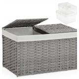 Storage Basket with Lid Rattan, Woven Storage Baskets with 2 Separate Lids, 17.2 Gallon (65 L), 22.2 x 13 x 13.8 Inches, Foldable, 2 Removable Liner Bags Handles for Bedroom, Laundry Room Gray