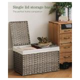 Storage Basket with Lid Rattan, Woven Storage Baskets with 2 Separate Lids, 17.2 Gallon (65 L), 22.2 x 13 x 13.8 Inches, Foldable, 2 Removable Liner Bags Handles for Bedroom, Laundry Room Gray