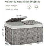 Storage Basket with Lid Rattan, Woven Storage Baskets with 2 Separate Lids, 17.2 Gallon (65 L), 22.2 x 13 x 13.8 Inches, Foldable, 2 Removable Liner Bags Handles for Bedroom, Laundry Room Gray